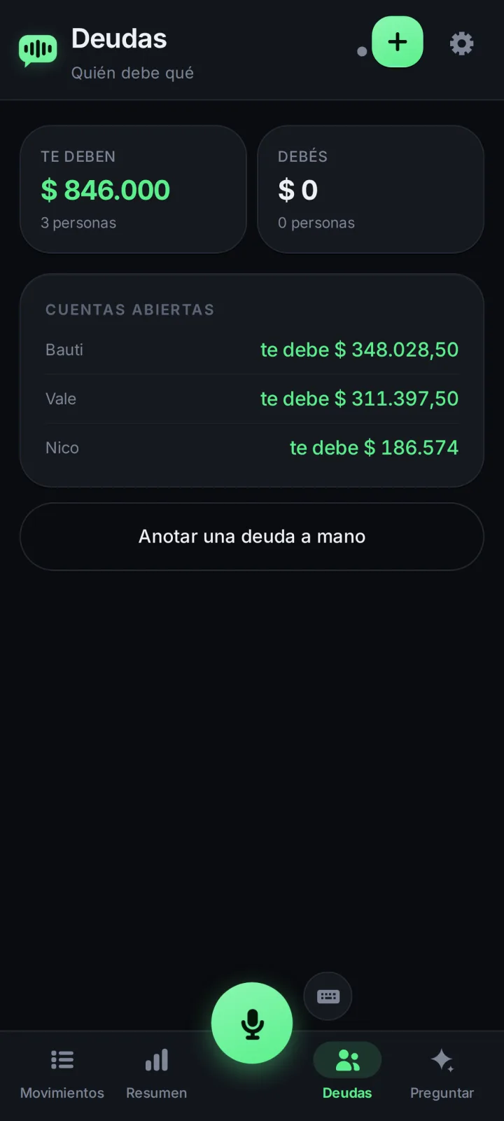 La pantalla de Deudas: te deben 846.000 pesos entre tres personas